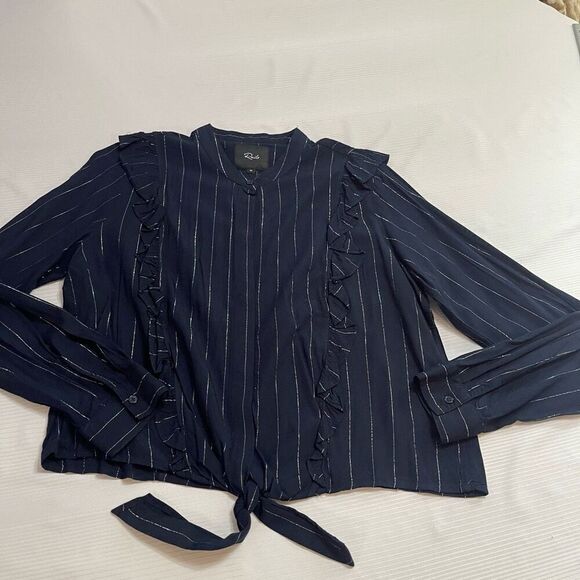 Rails Blouse Piper Tie Front Navy Silver Stripe Ruffle Button Up Shirt Medium - Picture 1 of 10